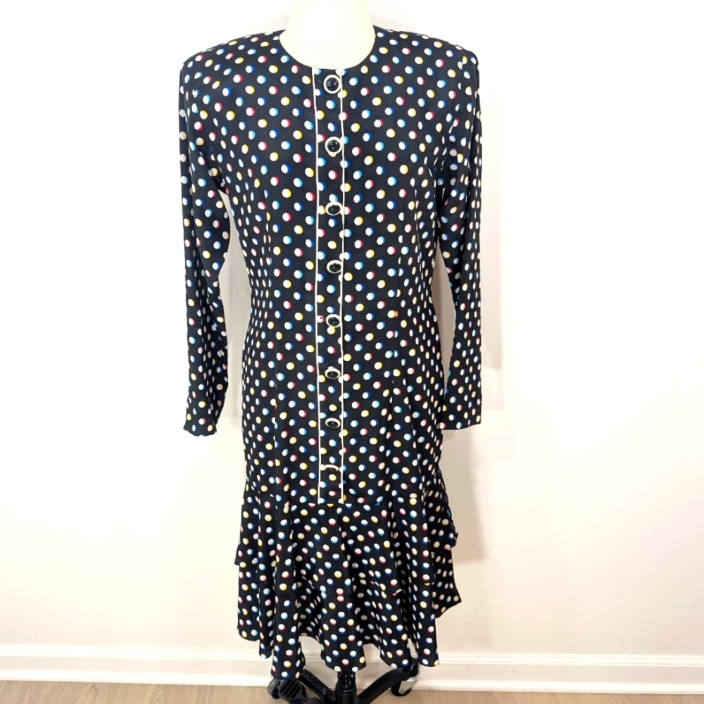 Vintage drop waist rainbow polka dot, Button front dress W ruffled hem. 8